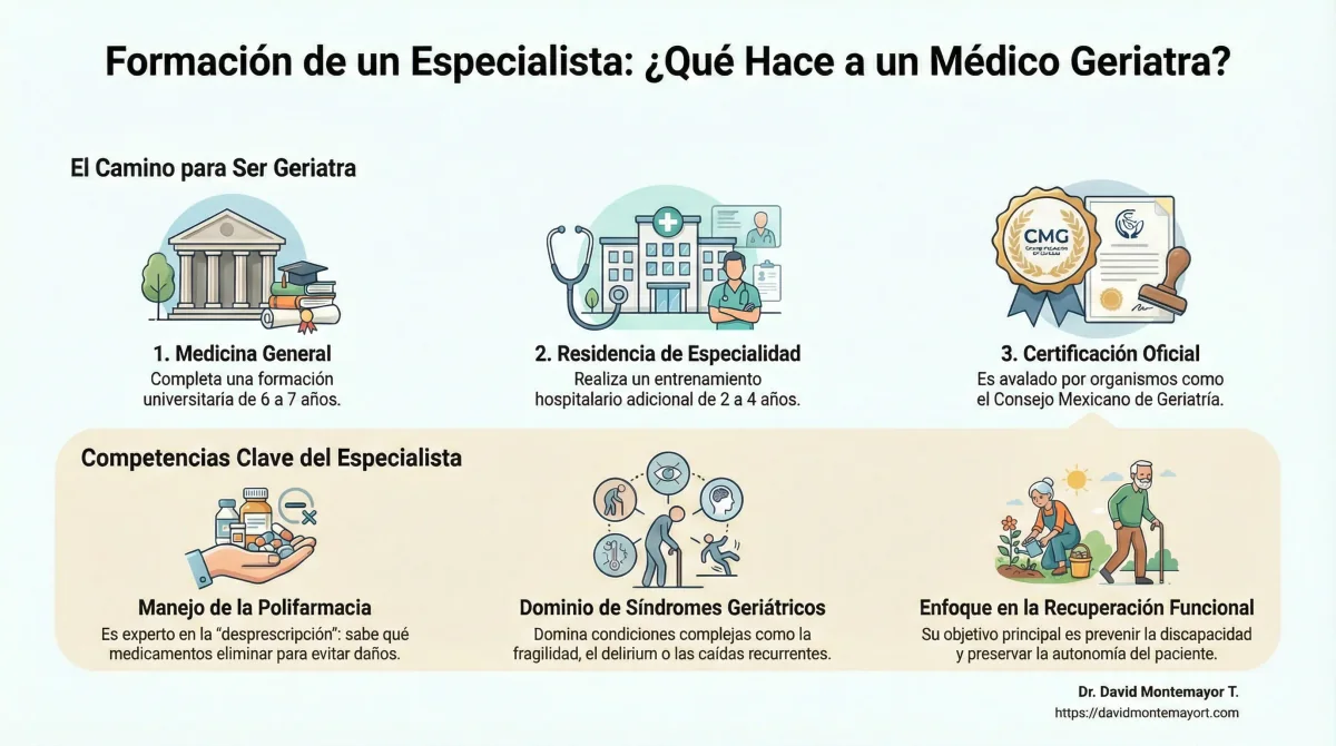 Infográfico: Formación de un Especialista - ¿Qué Hace a un Médico Geriatra? Ilustración que muestra el camino para ser geriatra en tres etapas: 1) Medicina General (formación universitaria de 6-7 años), 2) Residencia de Especialidad (entrenamiento hospitalario adicional de 2-4 años), 3) Certificación Oficial (avalado por el Consejo Mexicano de Geriatría). También presenta las competencias clave del especialista: Manejo de la Polifarmacia (experto en desprescripción para evitar daños), Dominio de Síndromes Geriátricos (fragilidad, delirium, caídas recurrentes), y Enfoque en la Recuperación Funcional (objetivo principal de prevenir discapacidad y preservar autonomía del paciente)