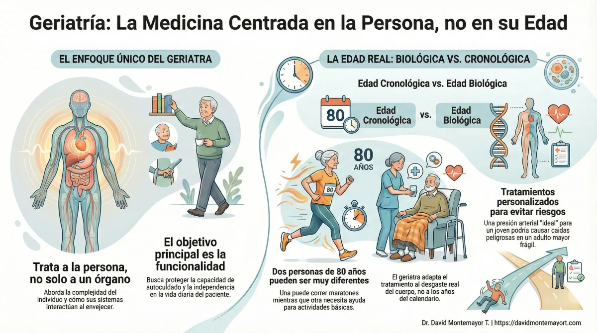 Infográfico: Geriatría - La Medicina Centrada en la Persona, no en su Edad. Ilustración que muestra el enfoque único del geriatra: tratar a la persona completa en lugar de un solo órgano. Compara edad cronológica vs. edad biológica, mostrando dos personas de 80 años con diferentes capacidades funcionales (una corriendo maratones, otra necesitando asistencia). Destaca tratamientos personalizados para evitar riesgos específicos del adulto mayor frágil