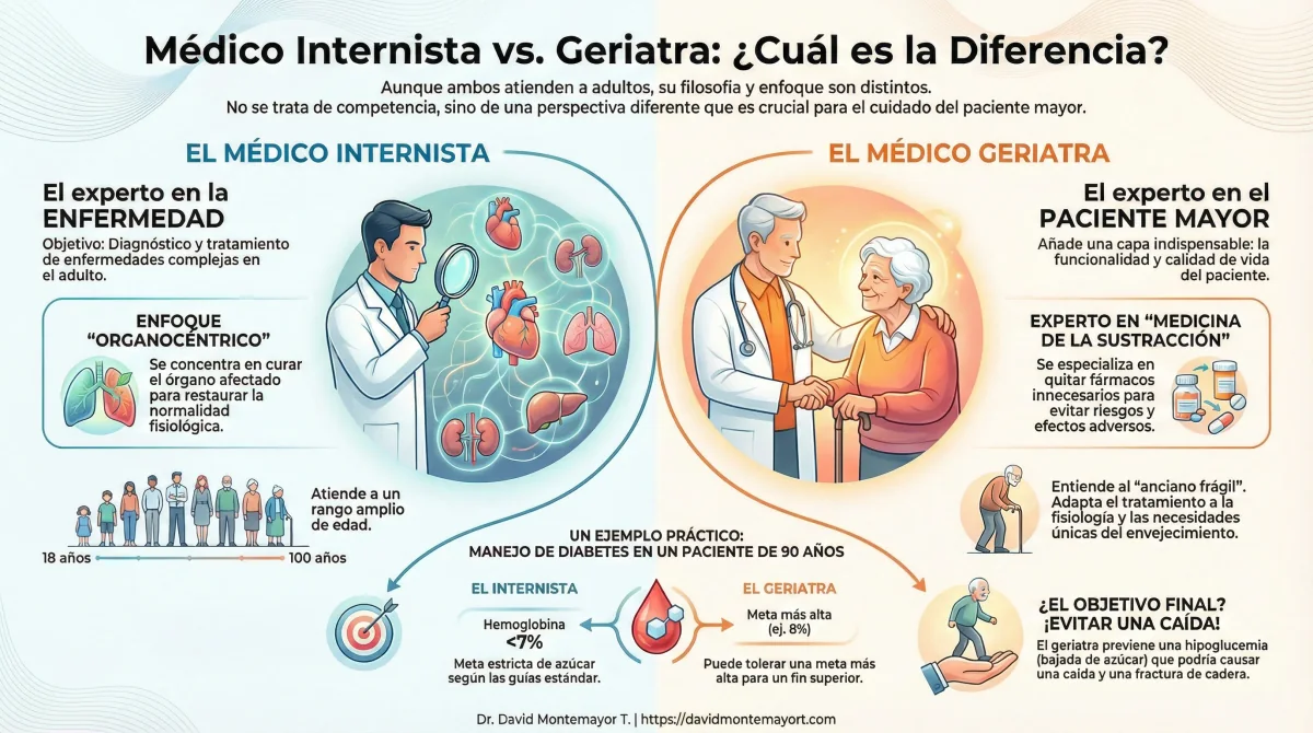 Infográfico: Médico Internista vs. Geriatra - ¿Cuál es la Diferencia? Comparativa visual que muestra dos filosofías médicas distintas. El Médico Internista es el experto en la ENFERMEDAD con enfoque organocéntrico (diagnosticar y curar el órgano afectado para restaurar normalidad fisiológica), atiende adultos de 18 a 100 años. El Médico Geriatra es el experto en el PACIENTE MAYOR, añade la funcionalidad y calidad de vida, experto en medicina de la sustracción (especializado en quitar fármacos innecesarios para evitar riesgos), entiende al anciano frágil y adapta tratamiento a fisiología y necesidades únicas del envejecimiento. Incluye ejemplo práctico de manejo de diabetes en paciente de 90 años: internista busca hemoglobina <7% (meta estricta), geriatra tolera 8% para evitar hipoglucemias que causarían caídas y fracturas de cadera